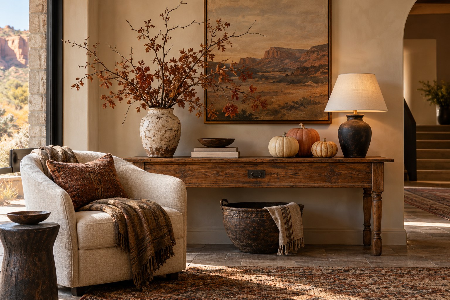 Original autumn design concept with natural pumpkins, ceramic branches, and a warm hotel-style seating area