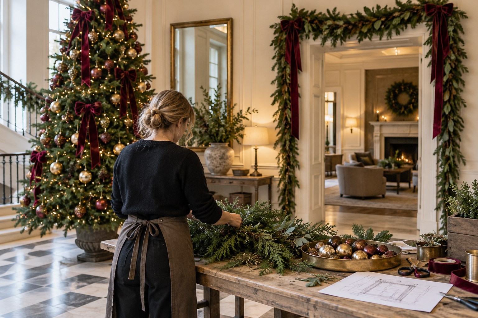 Illustrative generic decorator preparing garland and ornaments for a coordinated lobby installation